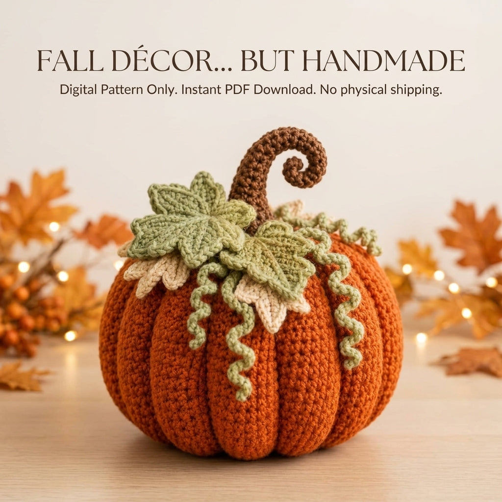 Crochet Pumpkin Pattern — Large Ribbed Amigurumi Pumpkin with Maple Leaves and Curled Tendrils, US Terms, PDF Download