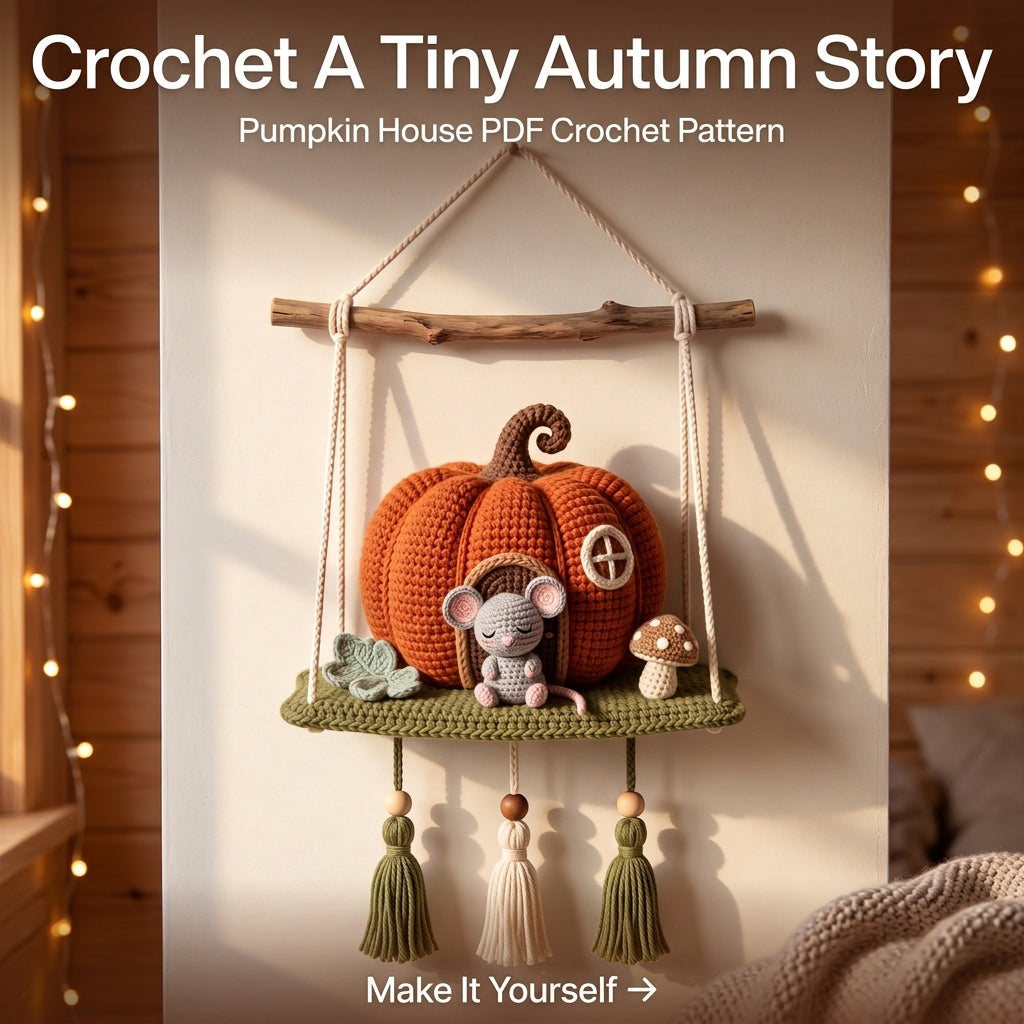 Crochet Pumpkin House Wall Hanging Pattern – Sleeping Mouse on a Mossy Shelf