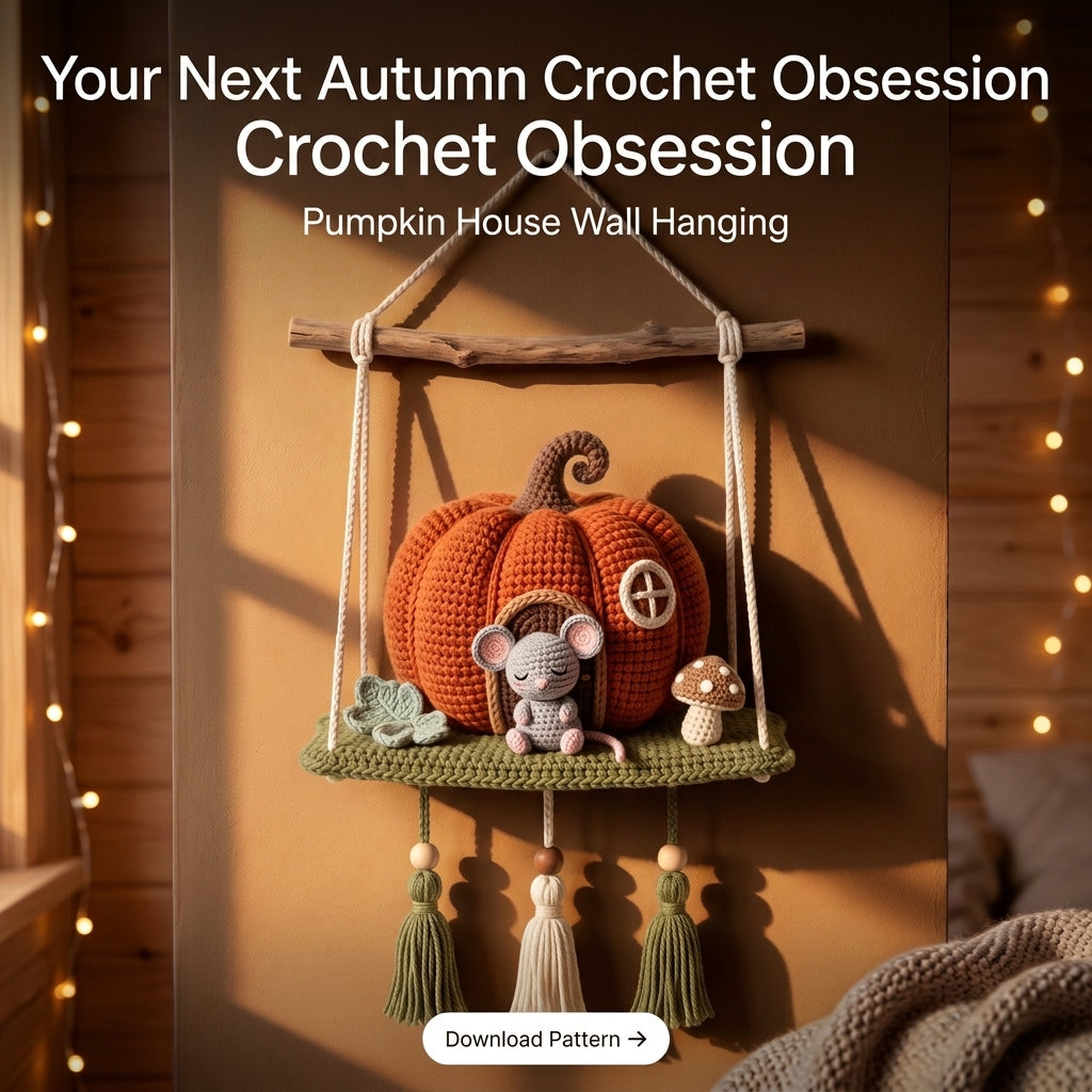 Crochet Pumpkin House Wall Hanging Pattern – Sleeping Mouse on a Mossy Shelf