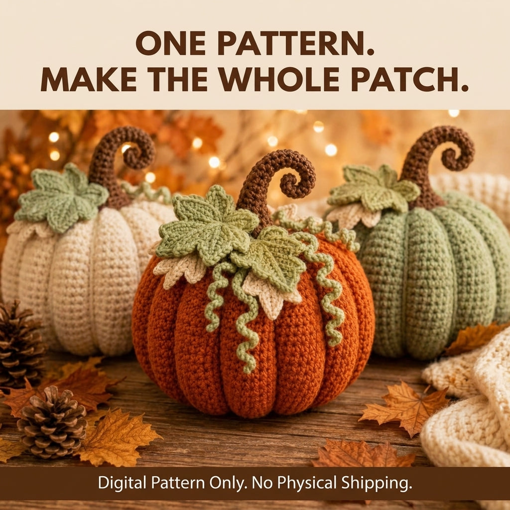 Crochet Pumpkin Pattern — Large Ribbed Amigurumi Pumpkin with Maple Leaves and Curled Tendrils, US Terms, PDF Download
