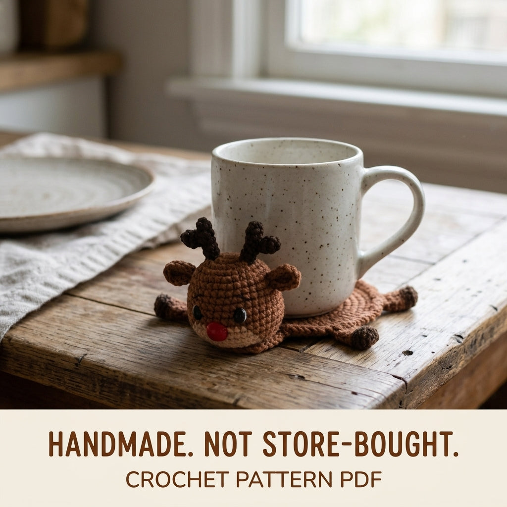 Reindeer Mug Coaster Crochet Pattern PDF – Christmas Mug Rug