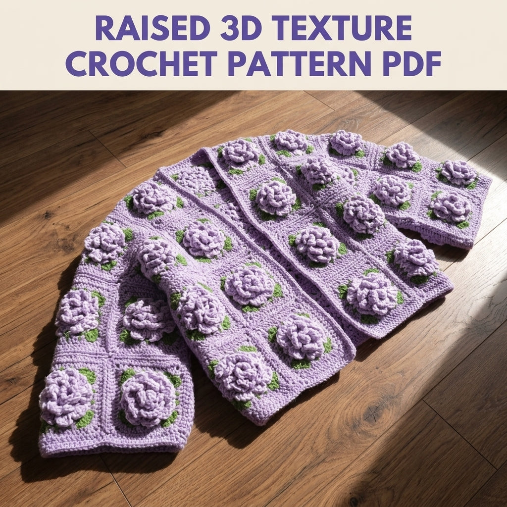 Lavender Rose Square Cardigan Crochet Pattern PDF – 3D Rose Granny Cardigan
