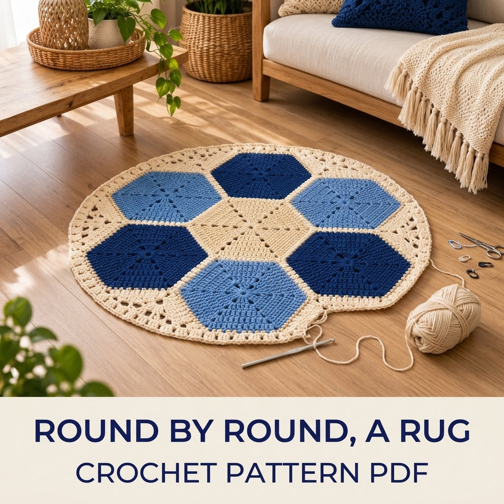 Blue Hexagon Round Rug Crochet Pattern PDF – Navy and Cream Round Rug