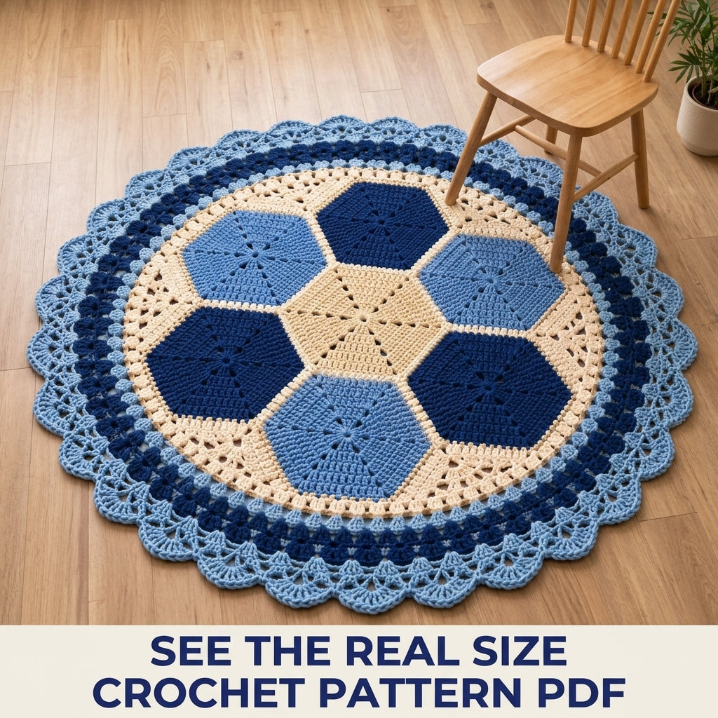 Blue Hexagon Round Rug Crochet Pattern PDF – Navy and Cream Round Rug
