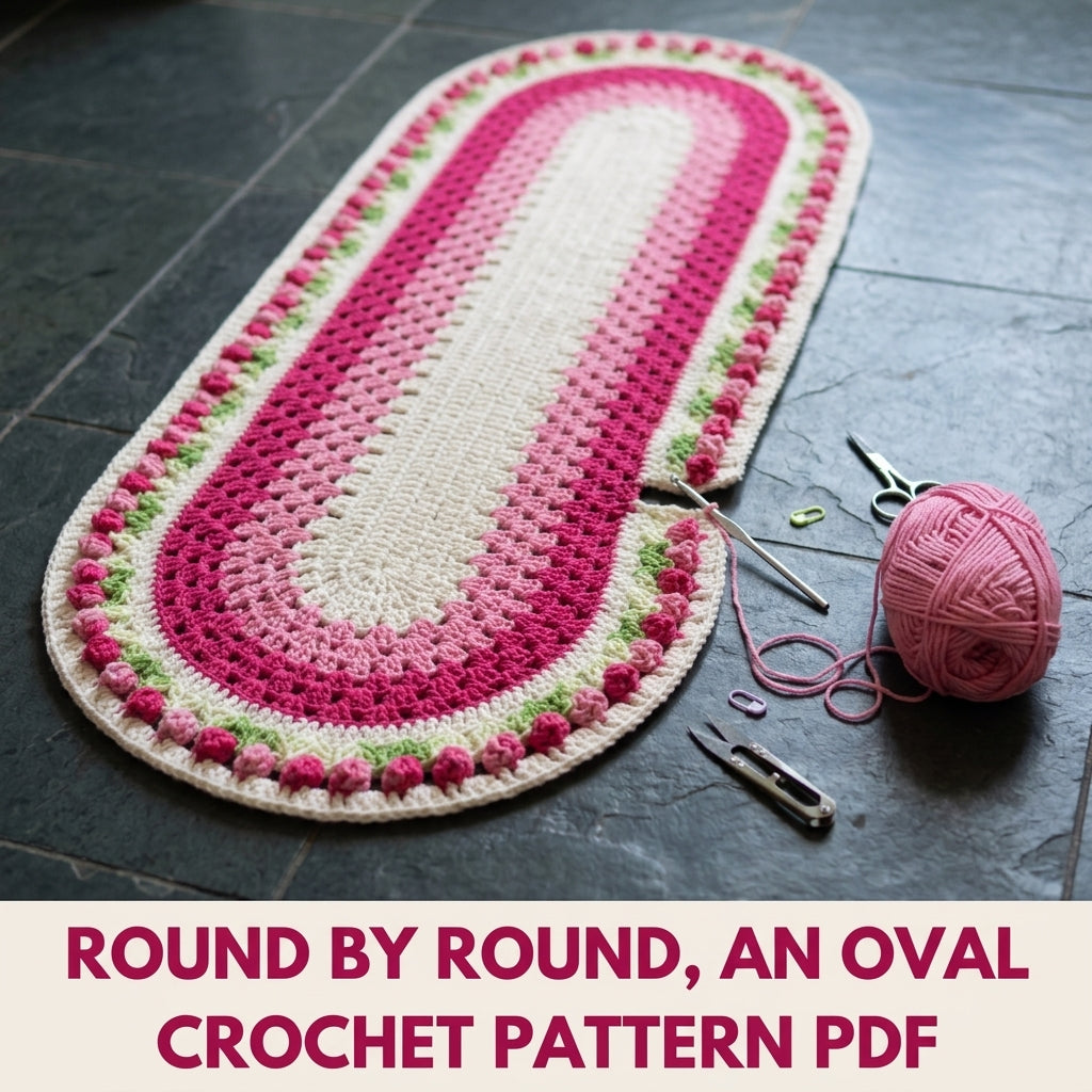 Rosebud Oval Granny Runner Crochet Pattern PDF – Oval Table Runner or Rug