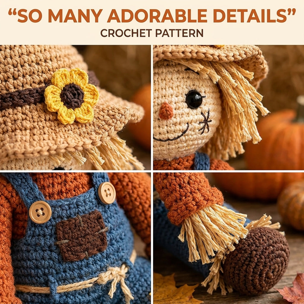 Scarecrow Amigurumi Crochet Pattern — Autumn Doll with Straw Hair and Dungarees, US Terms, PDF Download