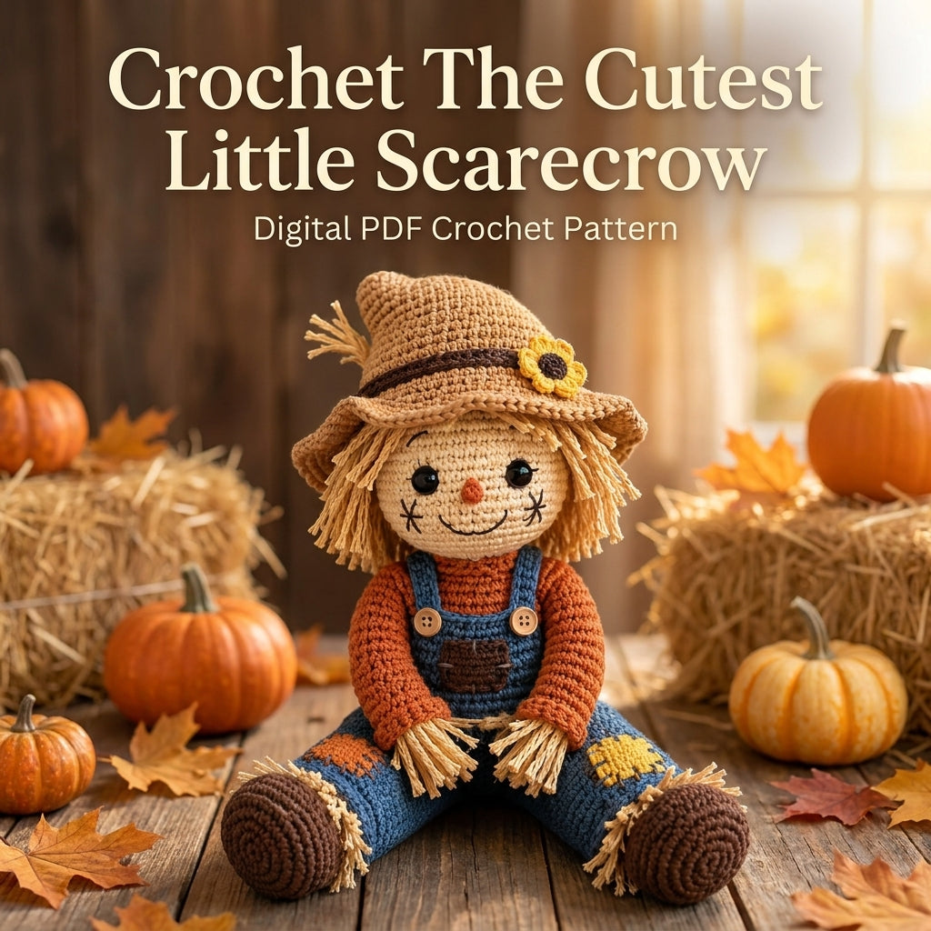 Scarecrow Amigurumi Crochet Pattern — Autumn Doll with Straw Hair and Dungarees, US Terms, PDF Download
