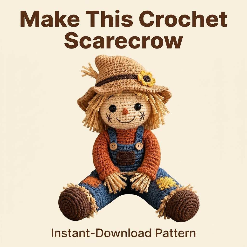 Scarecrow Amigurumi Crochet Pattern — Autumn Doll with Straw Hair and Dungarees, US Terms, PDF Download