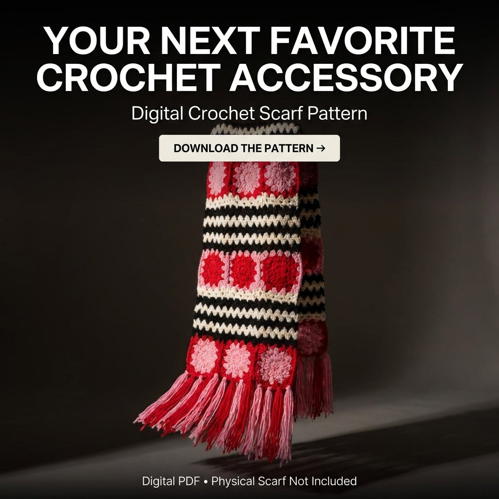 Granny Square Scarf Crochet Pattern | Flower Squares & Striped Panels with Fringe | Oversized Winter Scarf | PDF Instant Download