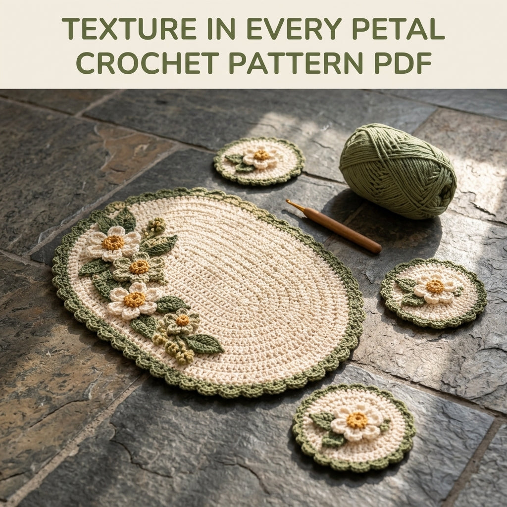Daisy Placemat and Coaster Set Crochet Pattern PDF – Table Mat with 3D Flowers