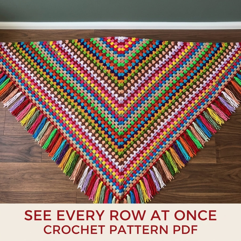 Rainbow Granny Triangle Shawl Crochet Pattern PDF – Scrap Yarn Shawl with Fringe