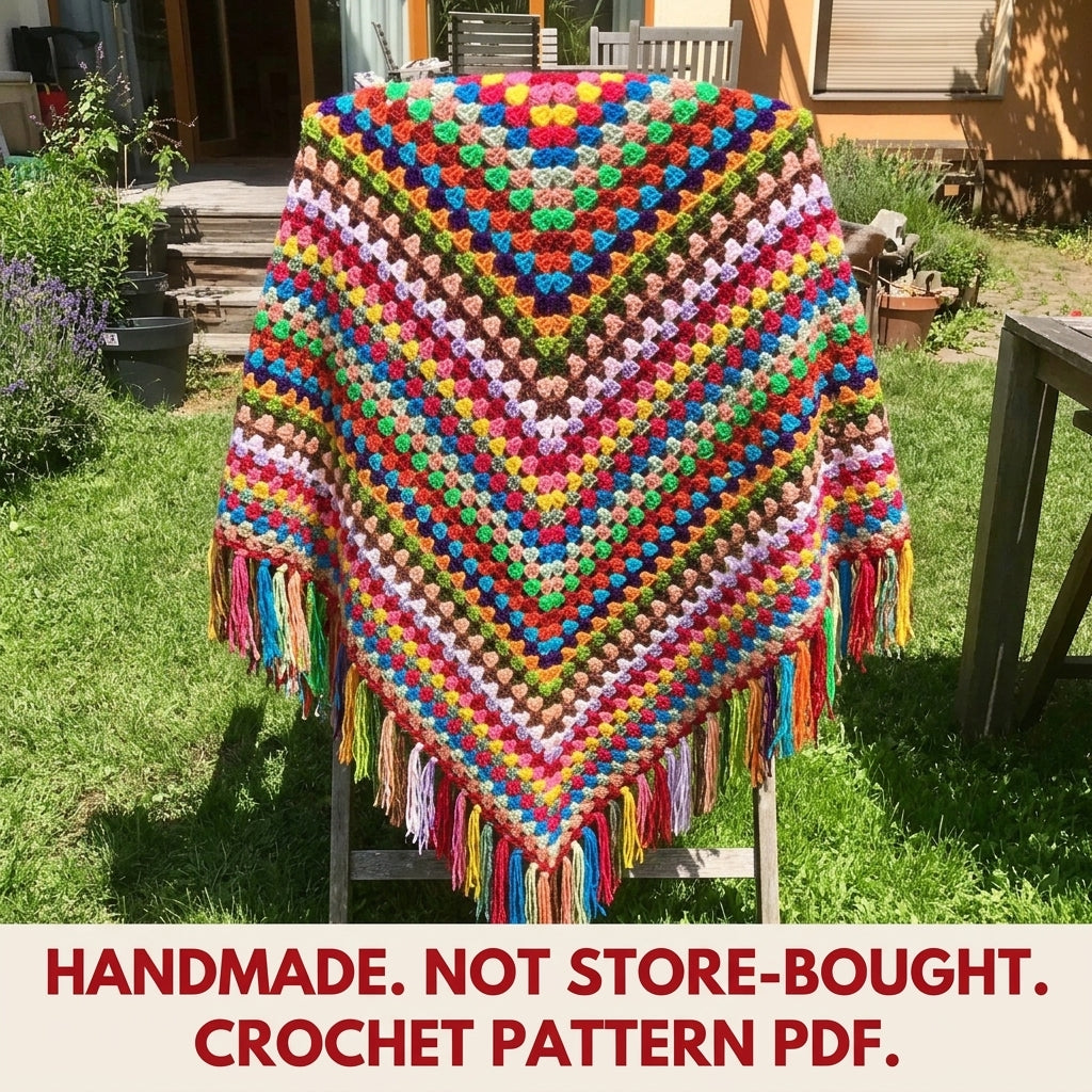Rainbow Granny Triangle Shawl Crochet Pattern PDF – Scrap Yarn Shawl with Fringe