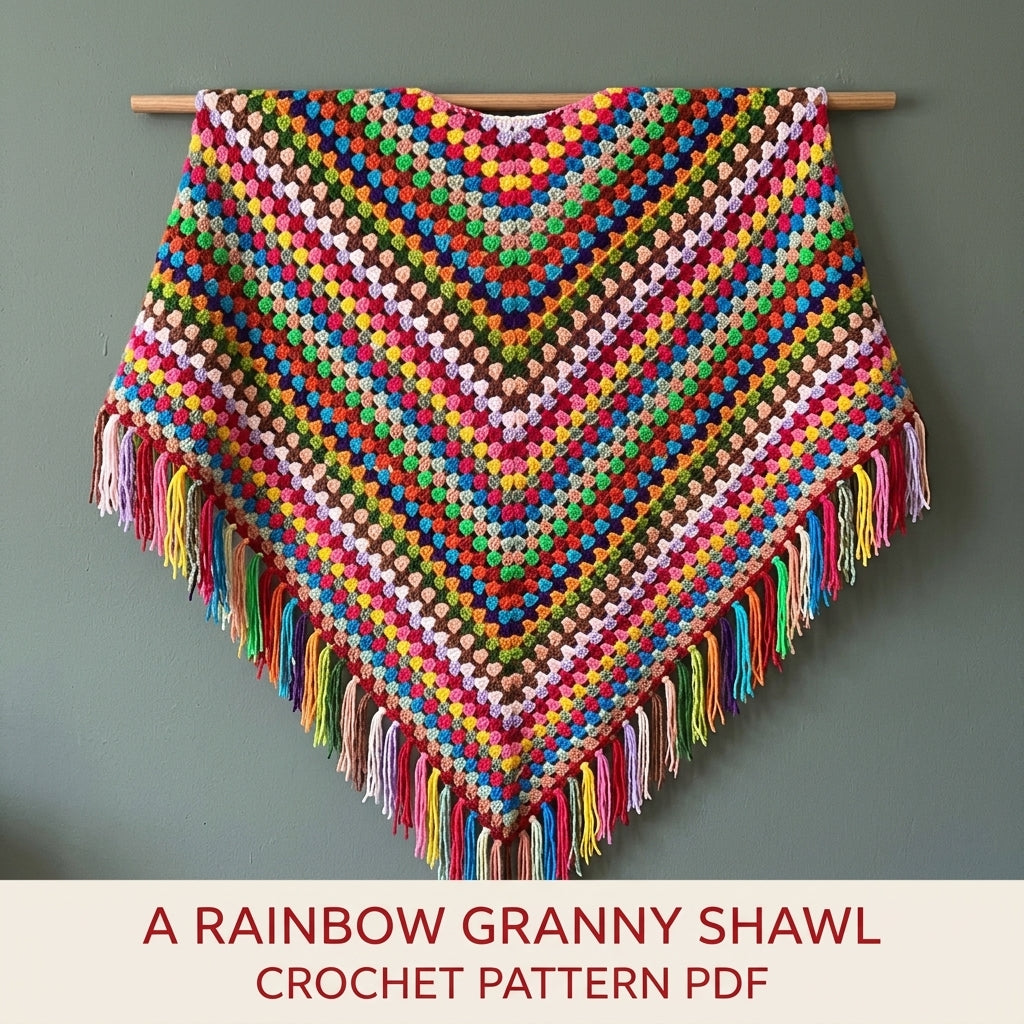 Rainbow Granny Triangle Shawl Crochet Pattern PDF – Scrap Yarn Shawl with Fringe