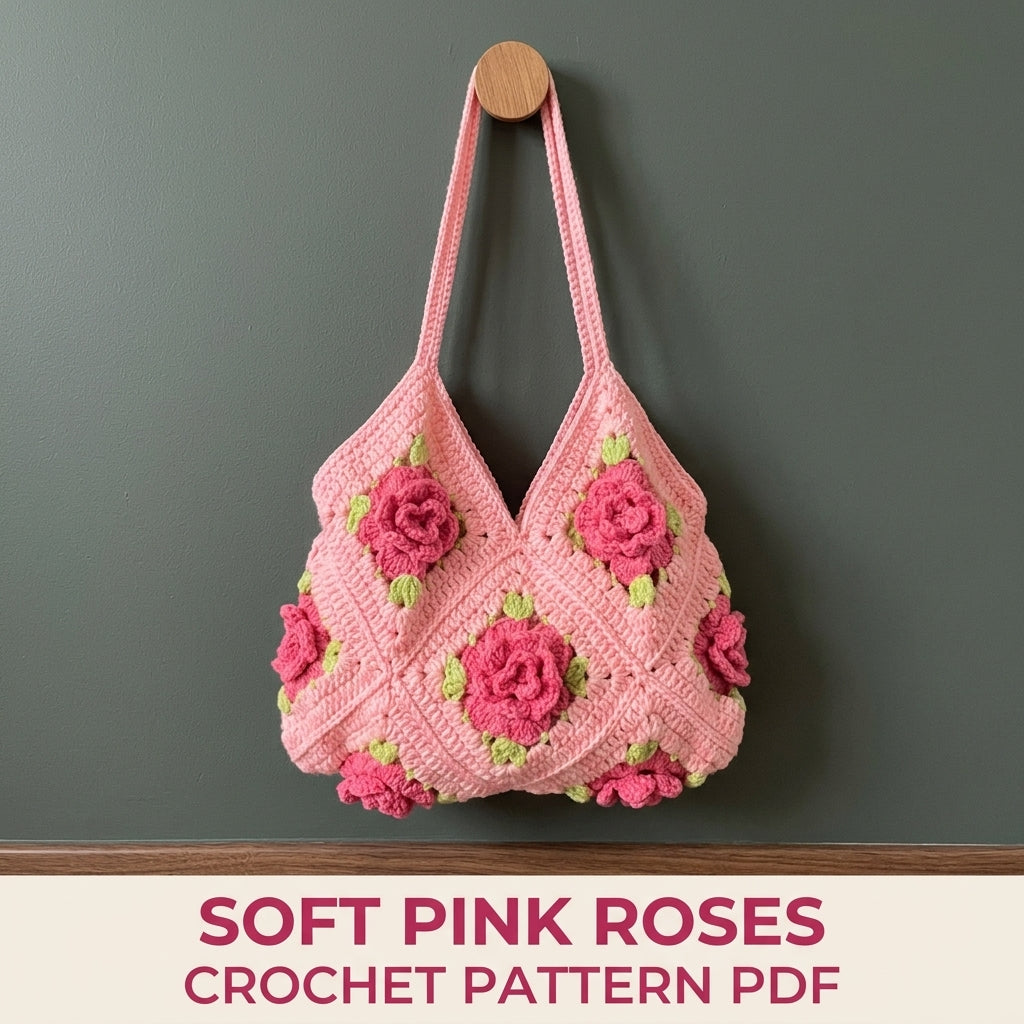 Pink Rose Granny Square Bag Crochet Pattern PDF – 3D Rose Shoulder Bag