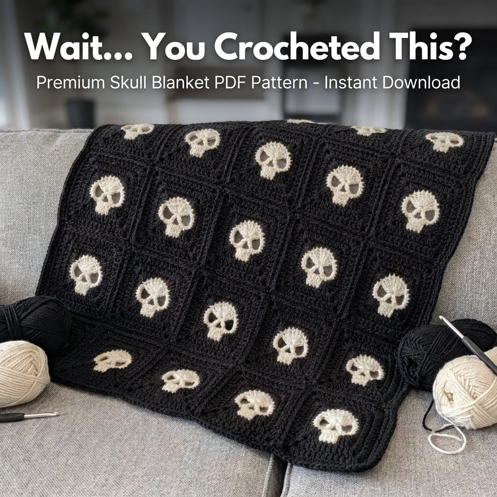 Skull Granny Square Blanket Crochet Pattern — Black and Cream Gothic Throw, 4 Sizes, US Terms, PDF Download