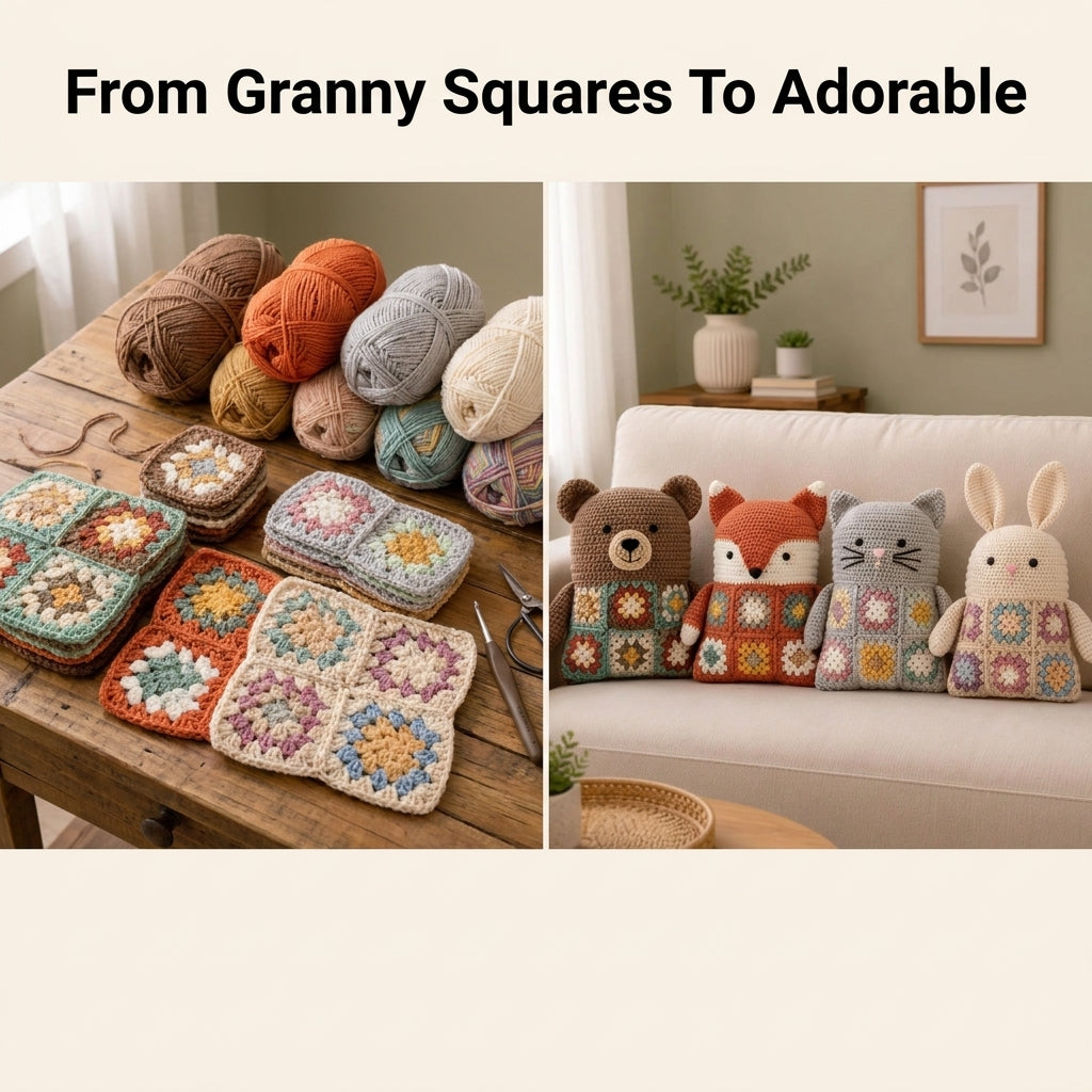 Granny Square Animal Cushion Crochet Pattern — Bear, Fox, Cat and Bunny, 4 Patterns in 1, US Terms, PDF Download