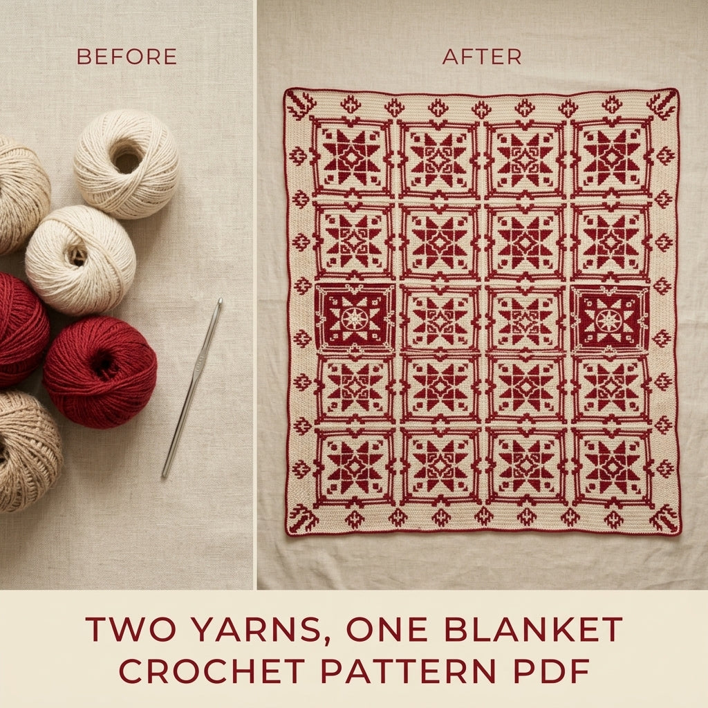 Red Star Mosaic Square Blanket Crochet Pattern PDF – Two-Colour Star Throw