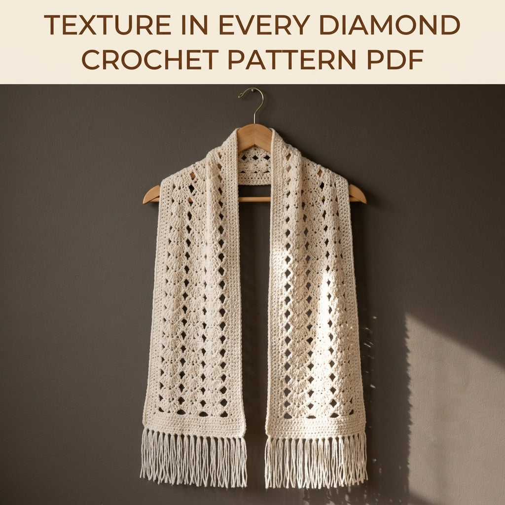 Lace Stole Wrap Crochet Pattern PDF – Long Diamond Lace Scarf Shawl with Fringe