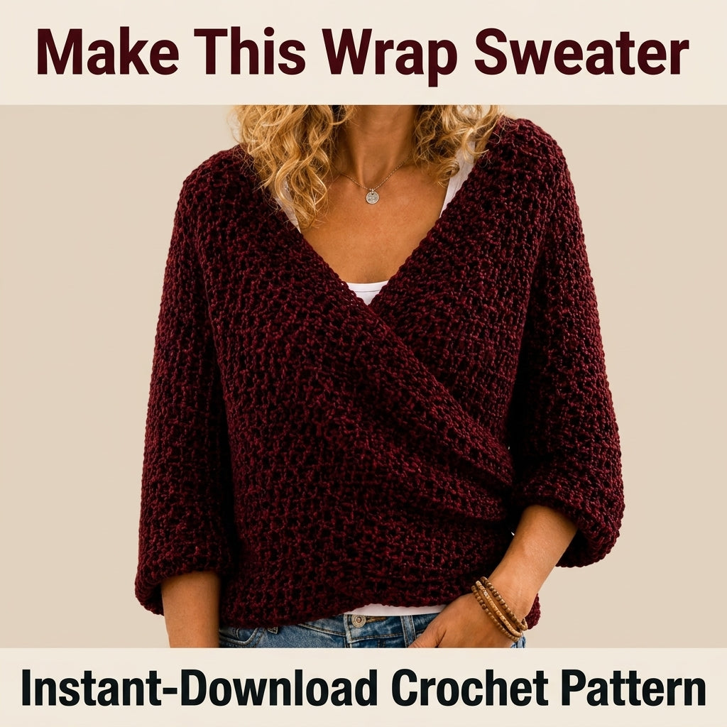 Wrap Front Sweater Crochet Pattern — Textured Surplice Jumper with 3/4 Sleeves, Sizes XS–3XL, US Terms, PDF Download