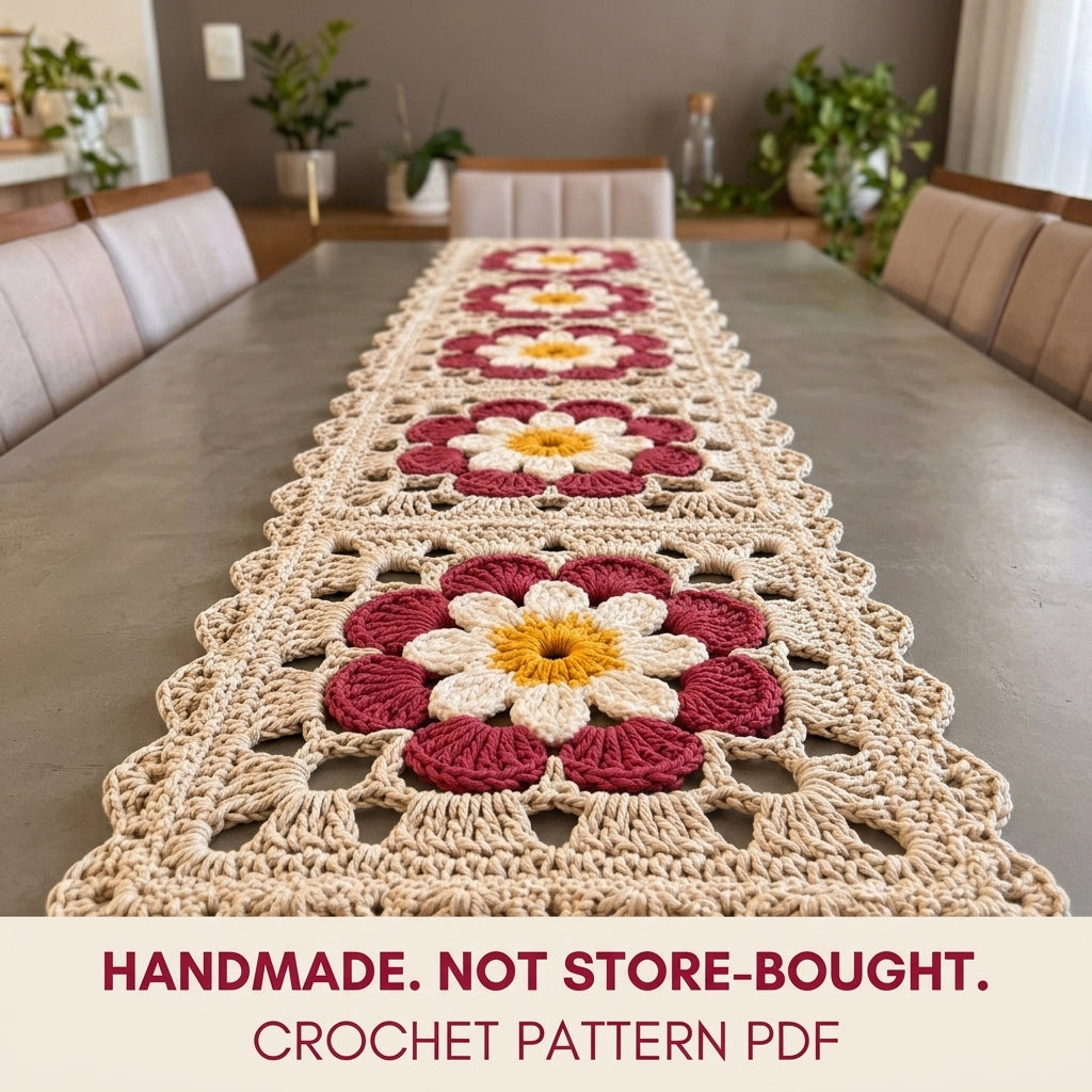 Raspberry Daisy Lace Table Runner Crochet Pattern PDF – Chunky Cord Runner