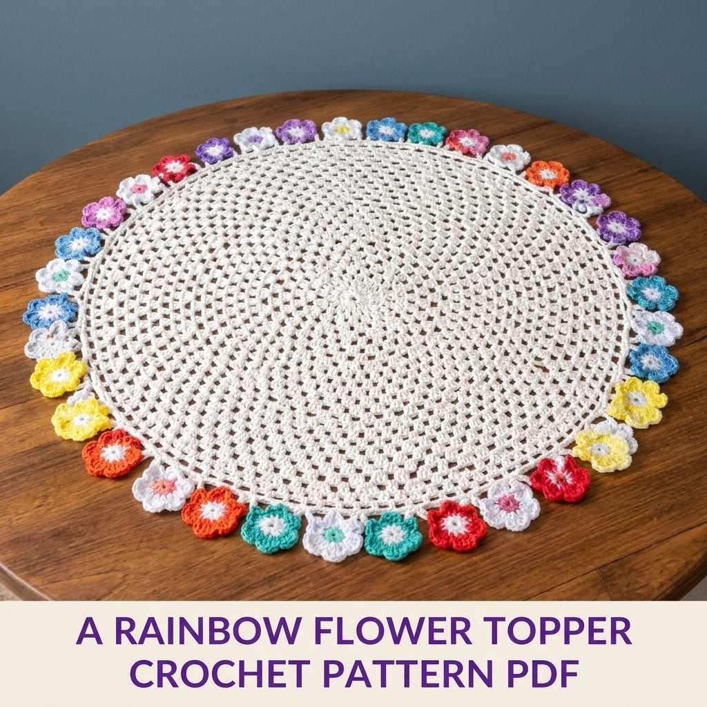 Rainbow Flower Edge Table Topper Crochet Pattern PDF – Round Doily