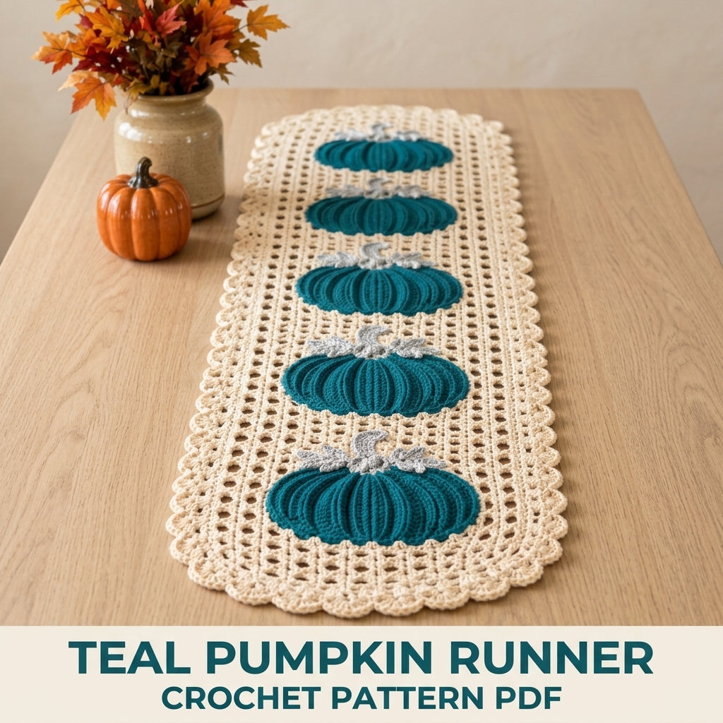 Teal Pumpkin Lace Table Runner Crochet Pattern PDF – Modern Fall Runner