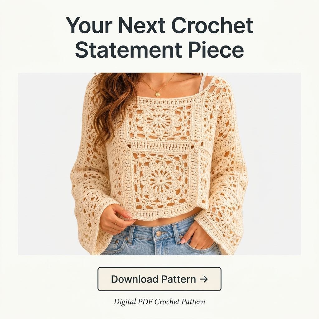 Granny Square Crop Top Crochet Pattern — Boho Lace Top with Bell Sleeves, Sizes XS–3XL, US Terms, PDF Download