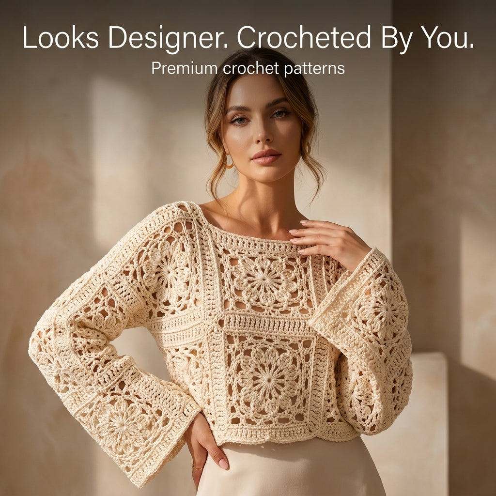 Granny Square Crop Top Crochet Pattern — Boho Lace Top with Bell Sleeves, Sizes XS–3XL, US Terms, PDF Download