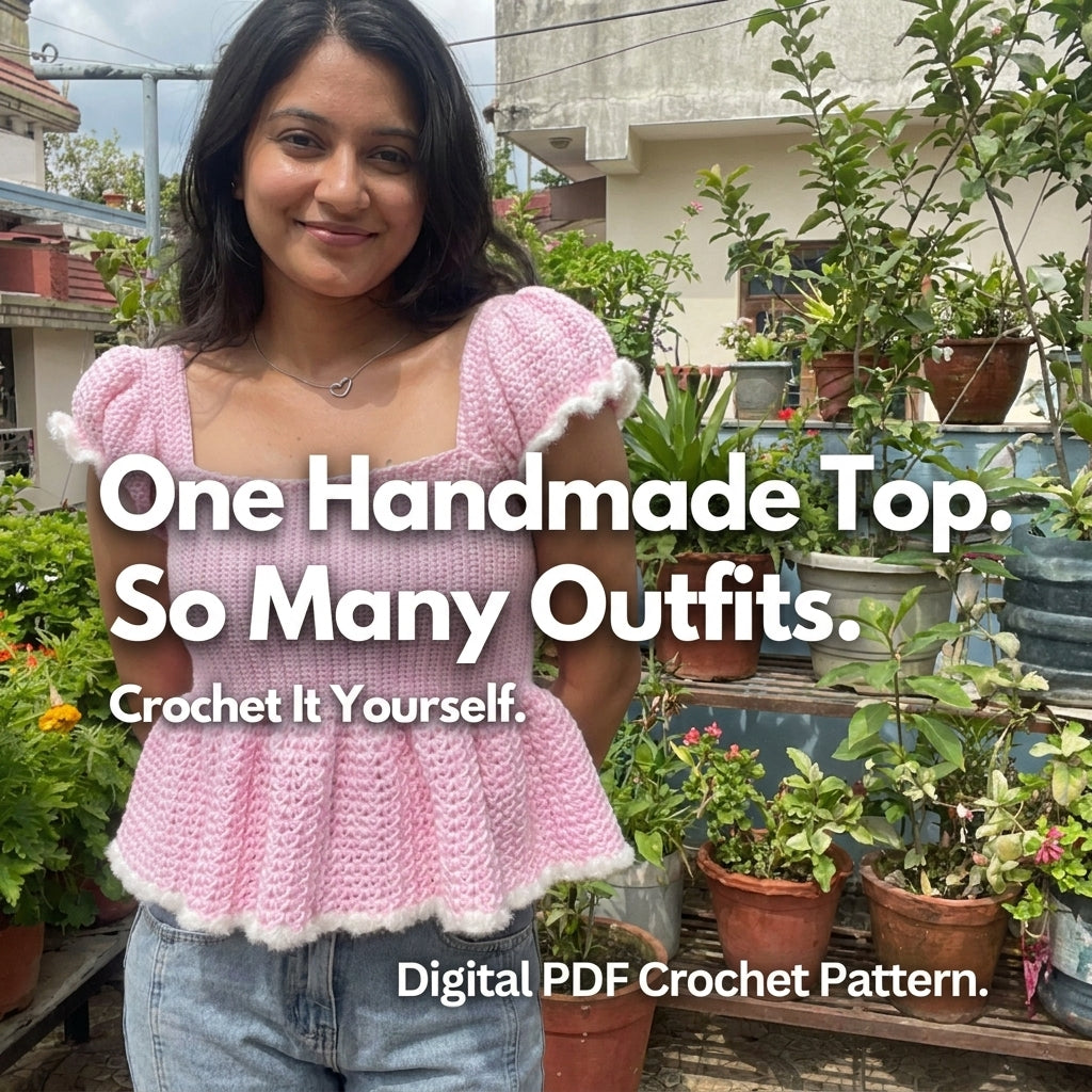 Peplum Crochet Top Pattern | Square Neck Puff Sleeve Ribbed Bodice | Sizes XS–[XX] | PDF Instant Download