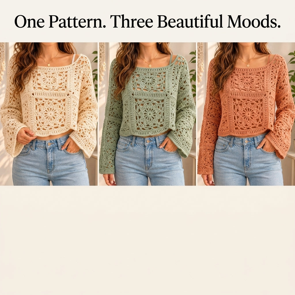 Granny Square Crop Top Crochet Pattern — Boho Lace Top with Bell Sleeves, Sizes XS–3XL, US Terms, PDF Download