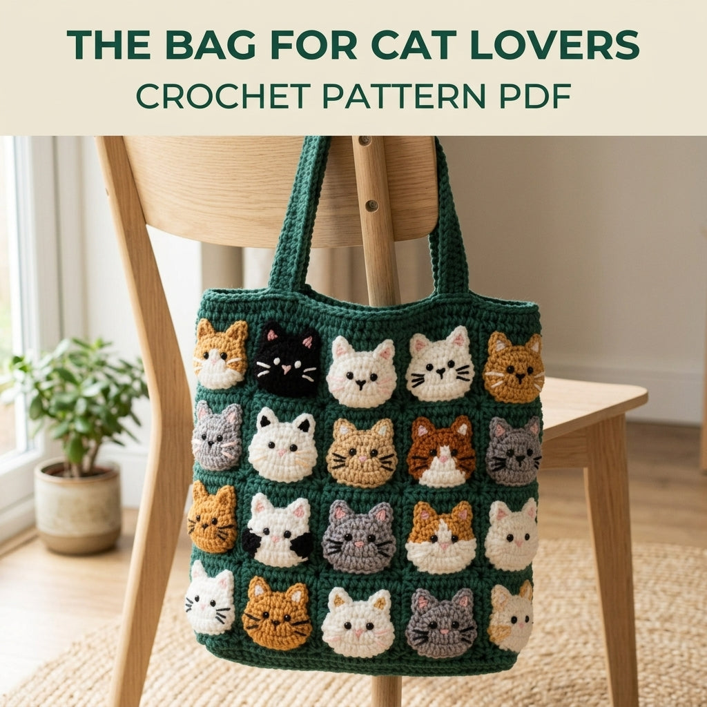 Cat Parade Tote Bag Crochet Pattern PDF – Cute Cat Face Appliqué Shoulder Bag