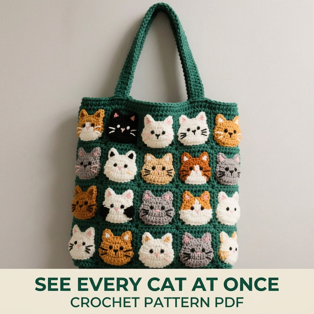 Cat Parade Tote Bag Crochet Pattern PDF – Cute Cat Face Appliqué Shoulder Bag