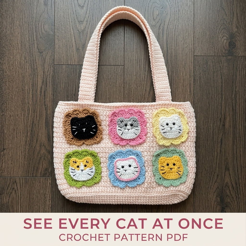 Kitty Patch Tote Bag Crochet Pattern PDF – Cat Face Shoulder Bag with Flower Frames