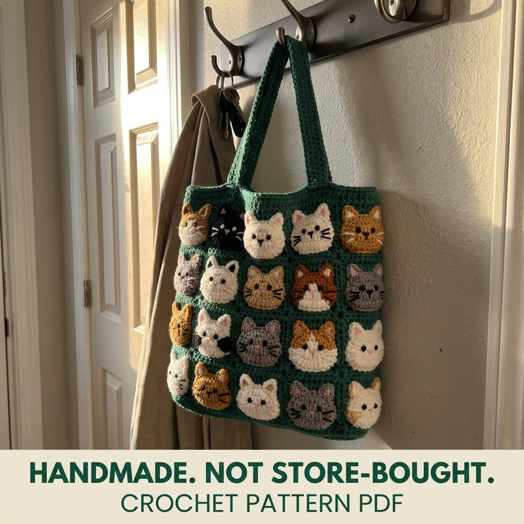 Cat Parade Tote Bag Crochet Pattern PDF – Cute Cat Face Appliqué Shoulder Bag