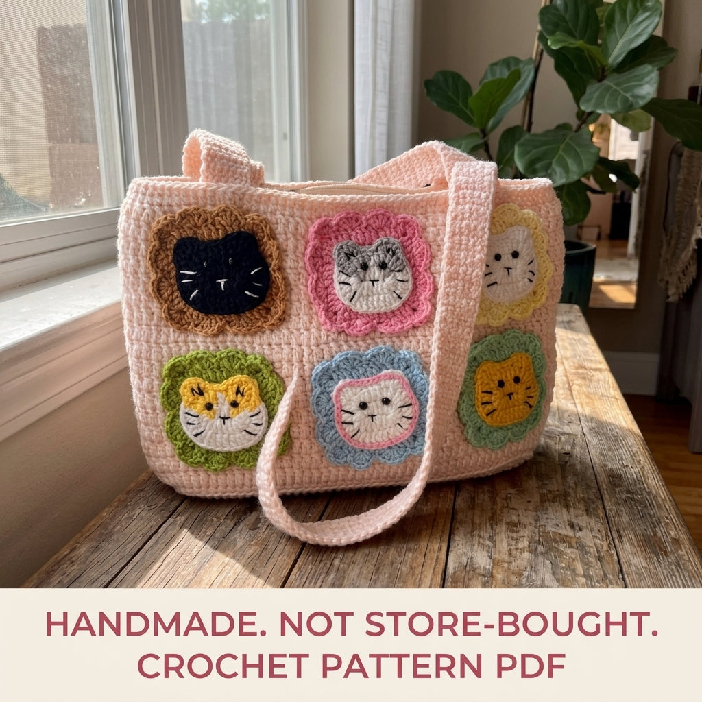Kitty Patch Tote Bag Crochet Pattern PDF – Cat Face Shoulder Bag with Flower Frames