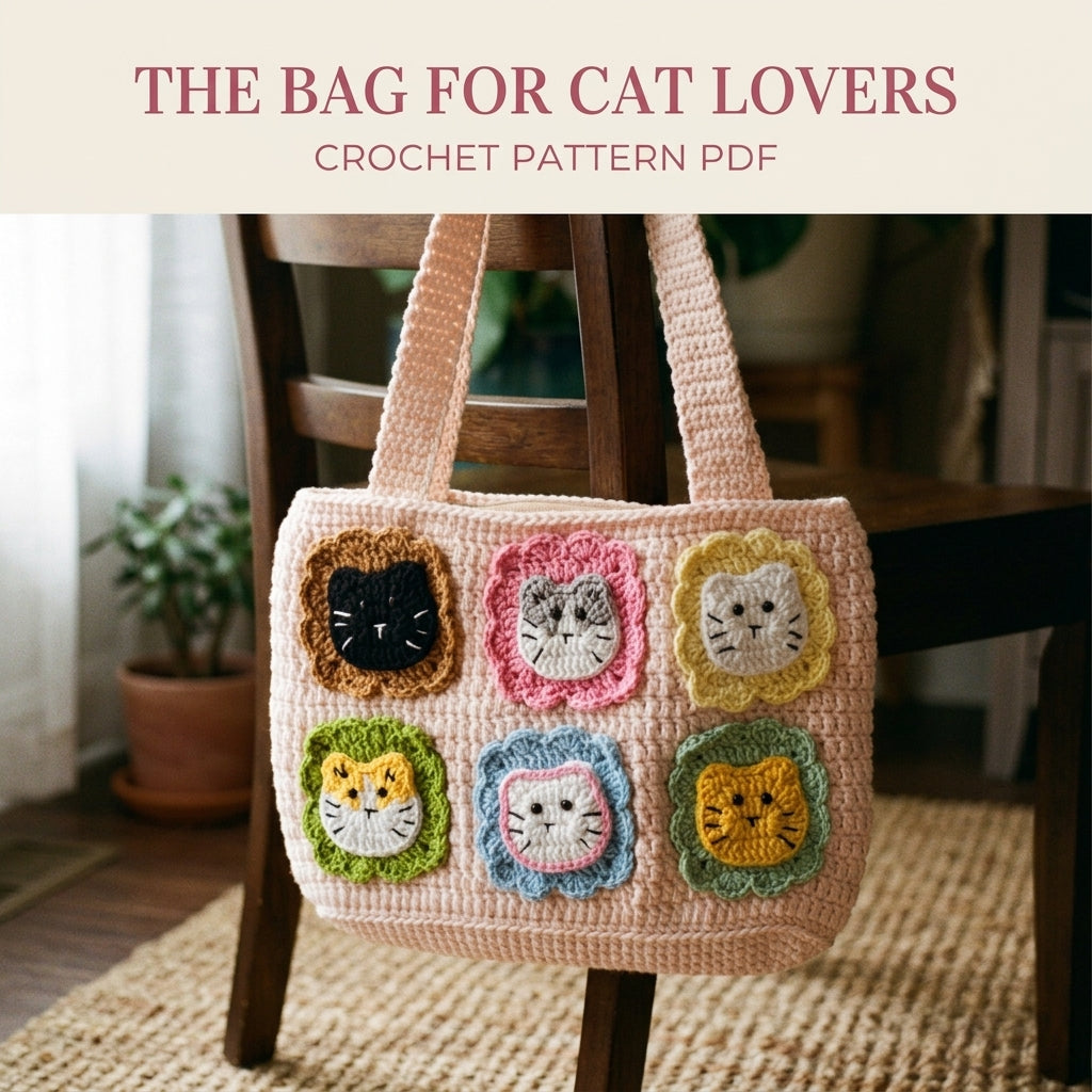 Kitty Patch Tote Bag Crochet Pattern PDF – Cat Face Shoulder Bag with Flower Frames