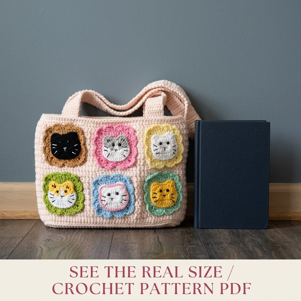 Kitty Patch Tote Bag Crochet Pattern PDF – Cat Face Shoulder Bag with Flower Frames