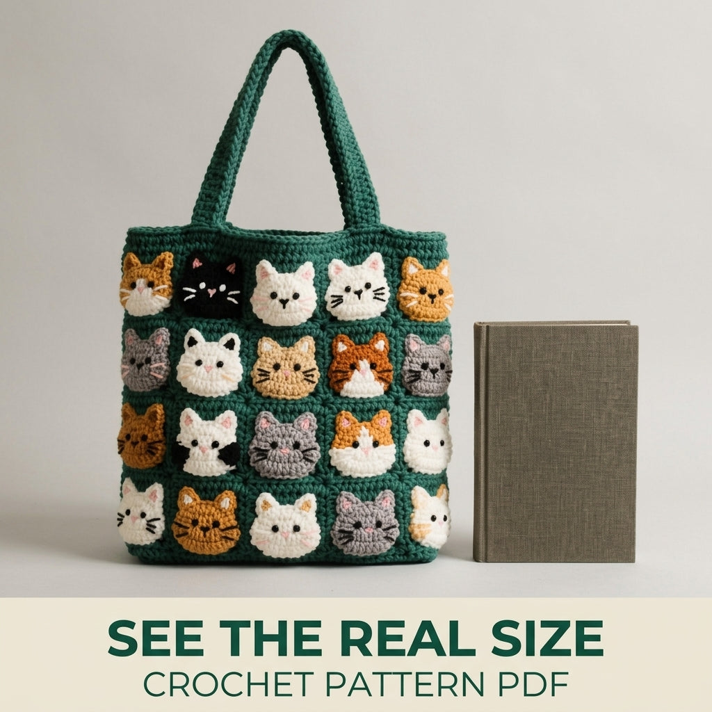 Cat Parade Tote Bag Crochet Pattern PDF – Cute Cat Face Appliqué Shoulder Bag