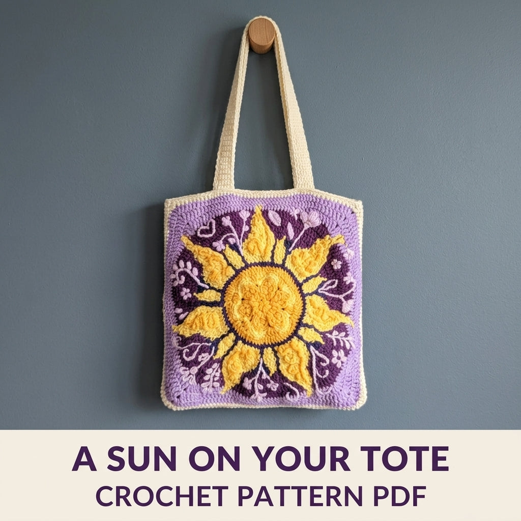 Sun Medallion Tote Crochet Pattern PDF – Square Bag with Raised Sun Motif and Embroidery