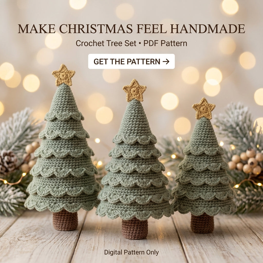 Crochet Christmas Tree Pattern – 3 Sizes, Scalloped Tabletop Trees