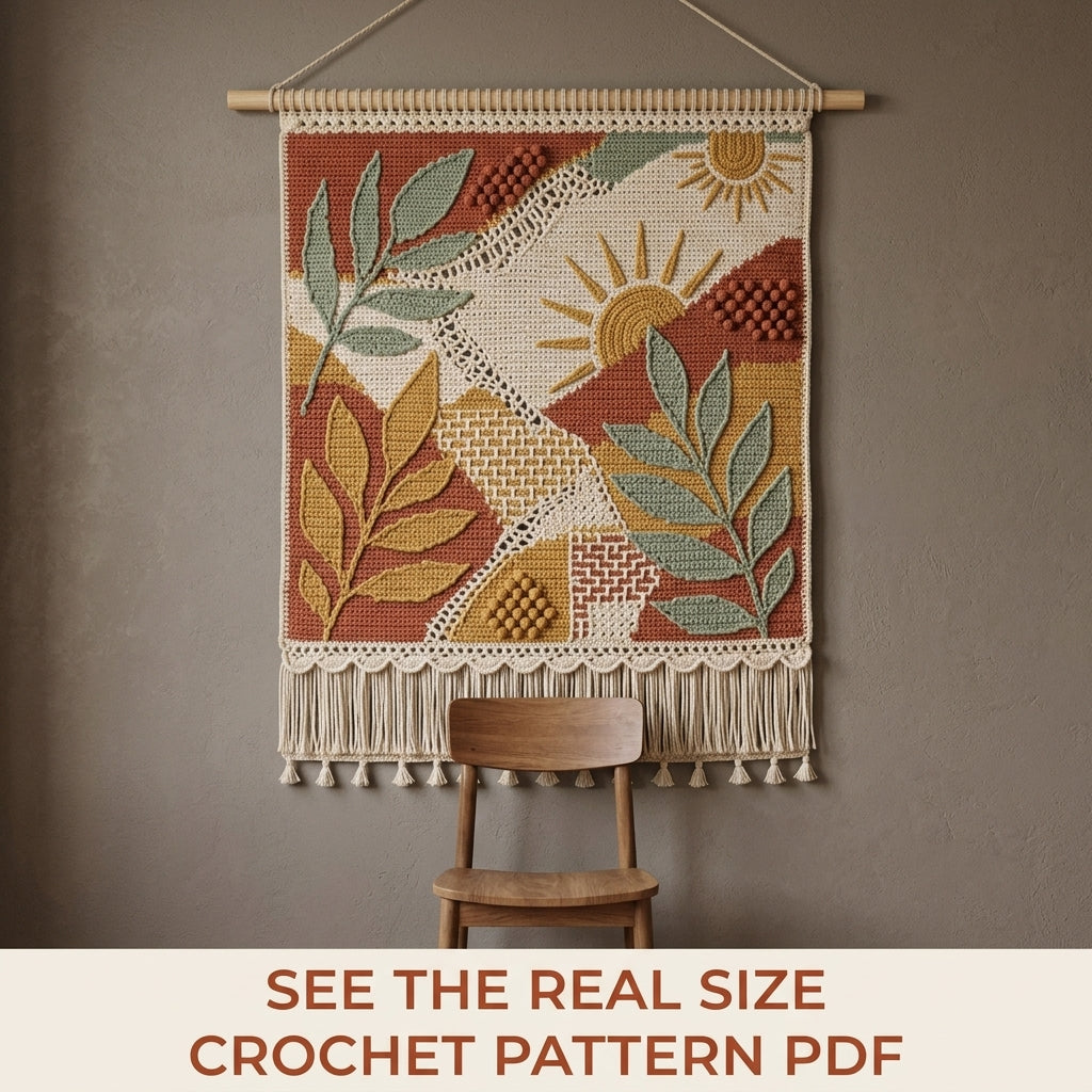 Sun and Leaves Boho Wall Hanging Crochet Pattern PDF – Tapestry Wall Decor