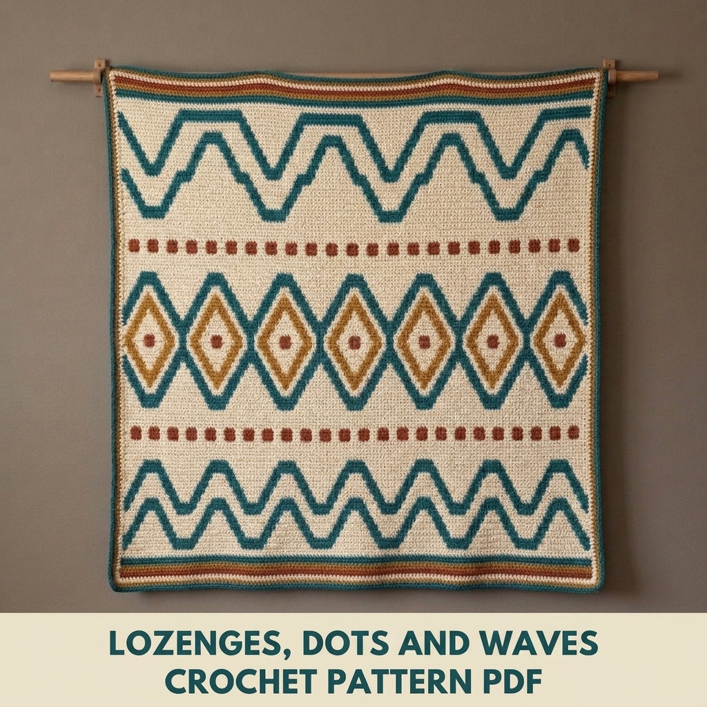 Lozenge Tapestry Crochet Wall Hanging Pattern PDF – Waves and Diamonds in Teal, Mustard and Rust