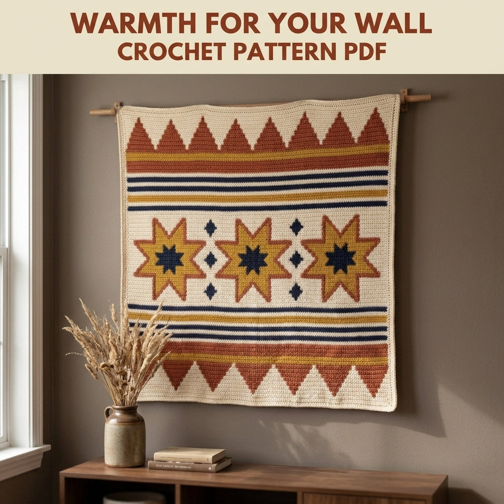 Star Tapestry Crochet Wall Hanging Pattern PDF – Eight-Point Stars in Mustard, Rust and Navy