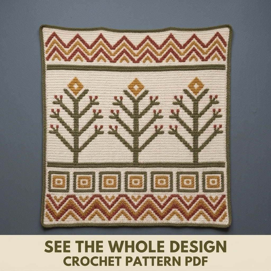 Tree of Life Tapestry Crochet Wall Hanging Pattern PDF – Trees and Chevrons in Olive, Rust and Mustard