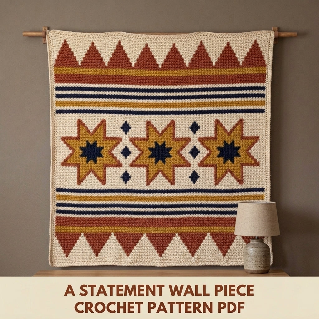 Star Tapestry Crochet Wall Hanging Pattern PDF – Eight-Point Stars in Mustard, Rust and Navy