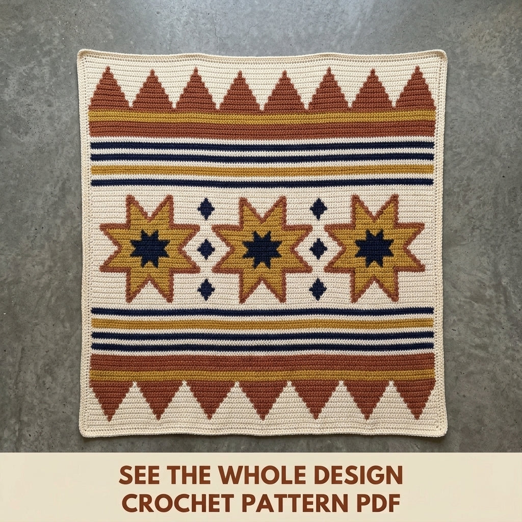 Star Tapestry Crochet Wall Hanging Pattern PDF – Eight-Point Stars in Mustard, Rust and Navy