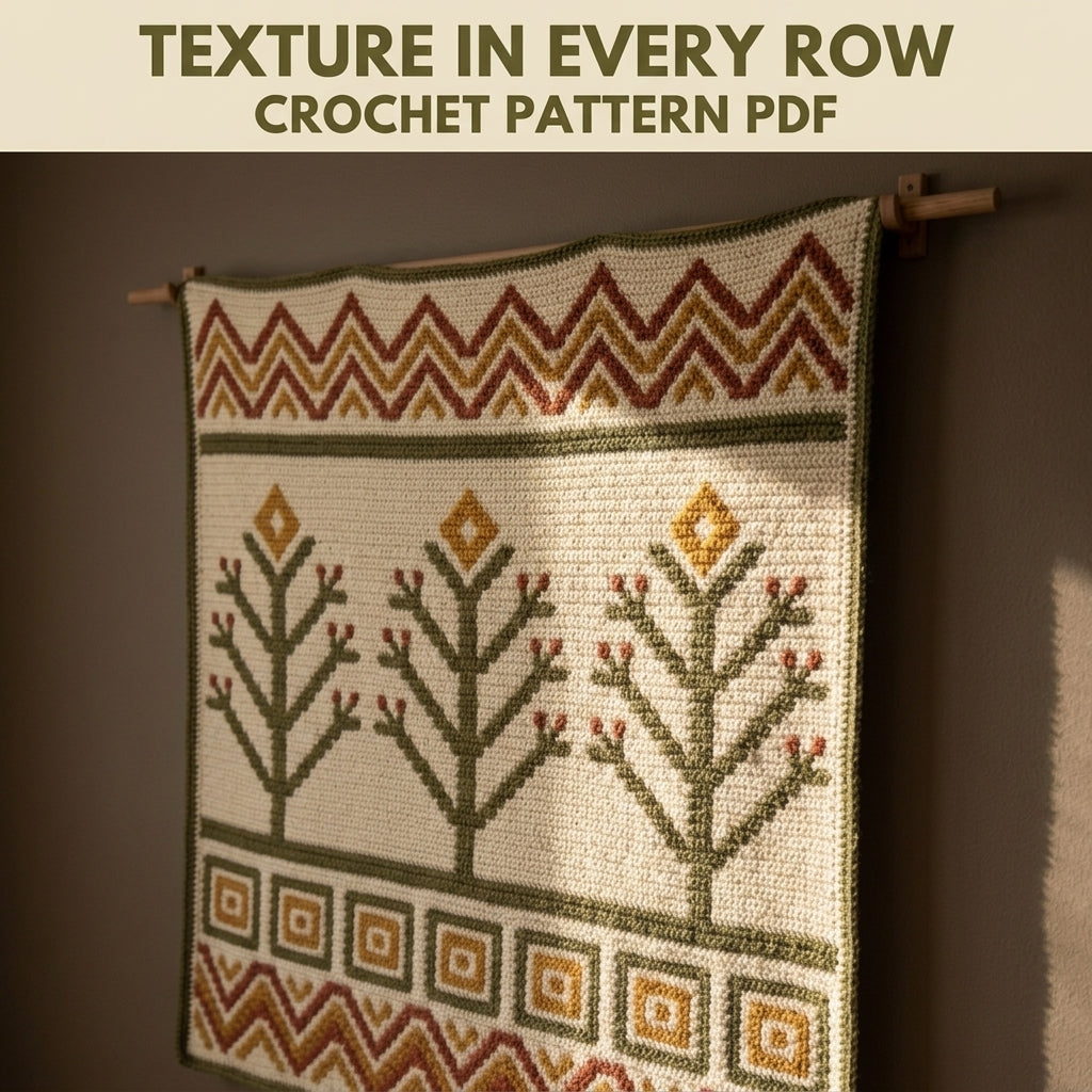 Tree of Life Tapestry Crochet Wall Hanging Pattern PDF – Trees and Chevrons in Olive, Rust and Mustard