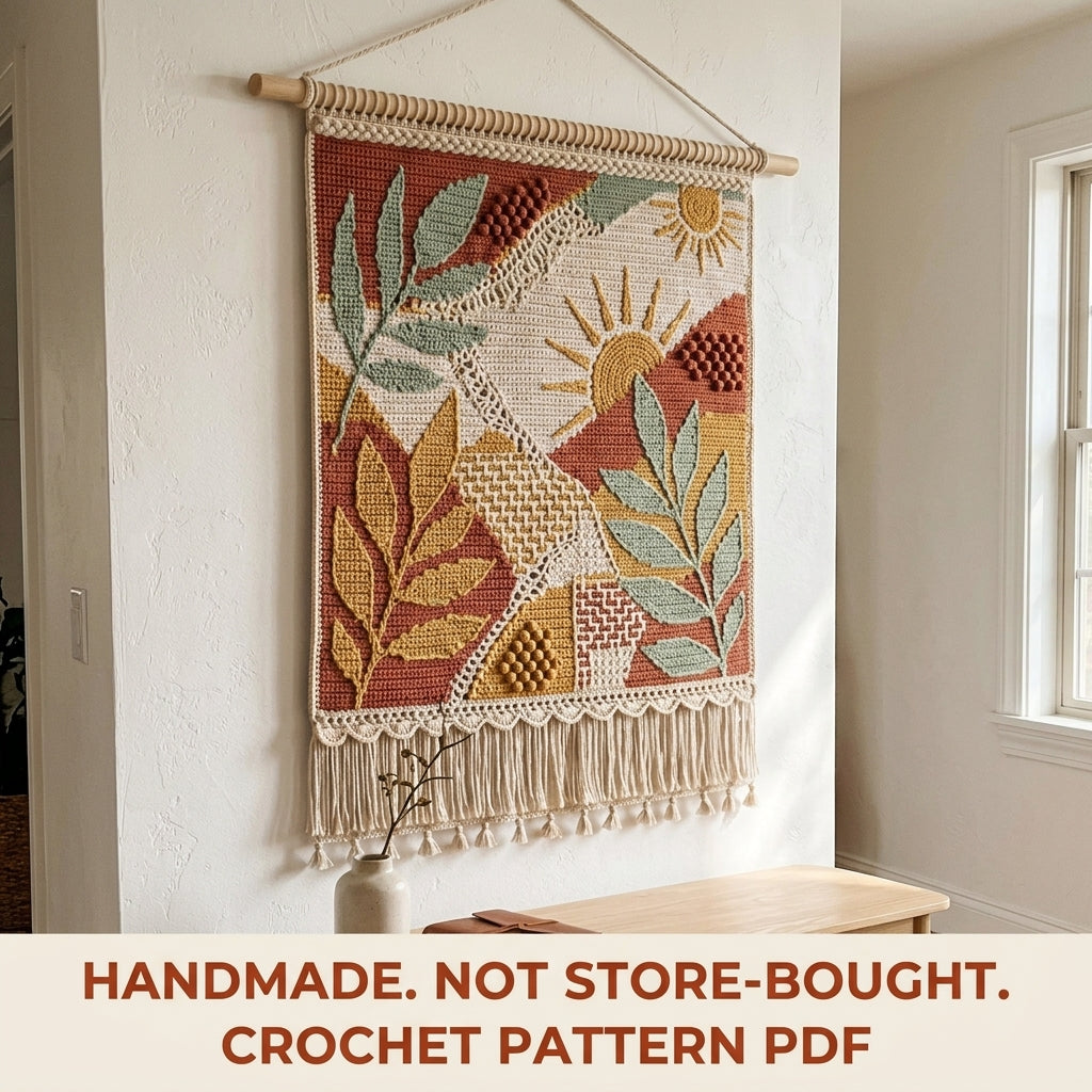 Sun and Leaves Boho Wall Hanging Crochet Pattern PDF – Tapestry Wall Decor