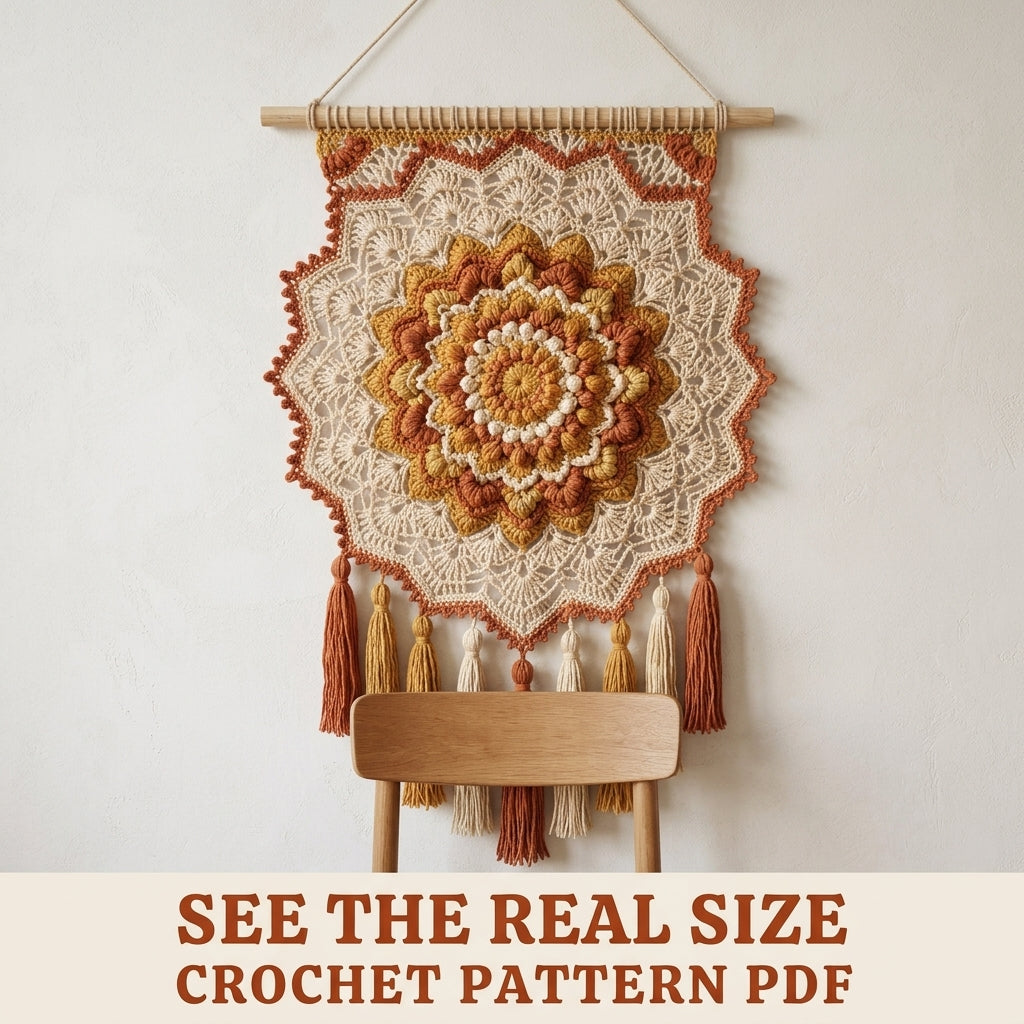 Popcorn Mandala Tassel Wall Hanging Crochet Pattern PDF – Boho Wall Decor