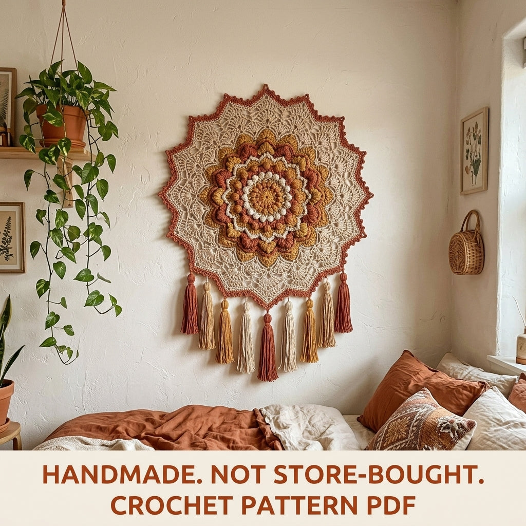 Popcorn Mandala Tassel Wall Hanging Crochet Pattern PDF – Boho Wall Decor